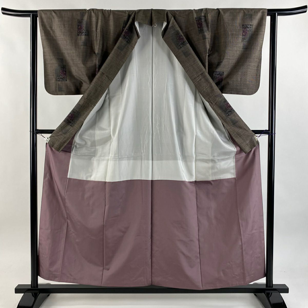 【美品】 紬織 身長157cm 袖長61cm S 雙層 草花紋 茶 純蠶絲 秀品級