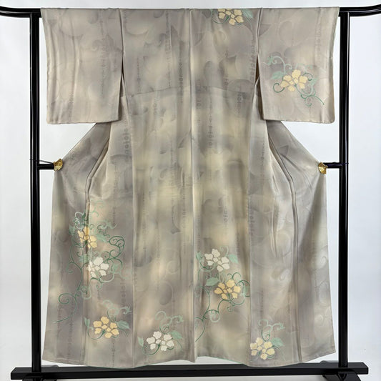 付下 身長153.5cm 袖長62cm S 雙層 花唐草紋 金銀彩 漸層 灰茶 純蠶絲 優品級