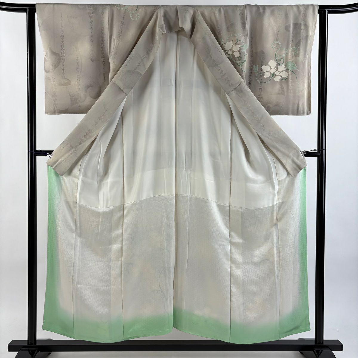 付下 身長153.5cm 袖長62cm S 雙層 花唐草紋 金銀彩 漸層 灰茶 純蠶絲 優品級