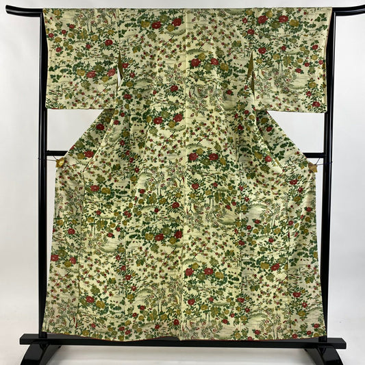 小紋 身長158.5cm 袖長65cm M 雙層 建物 草花紋紋 漸層 薄綠 純蠶絲 優品級