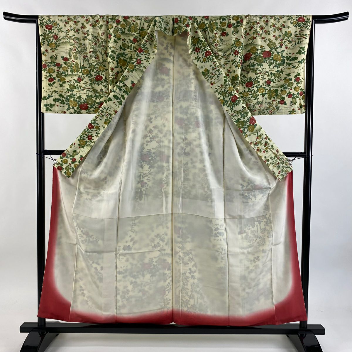 小紋 身長158.5cm 袖長65cm M 雙層 建物 草花紋紋 漸層 薄綠 純蠶絲 優品級