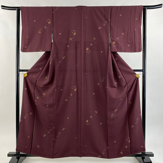 【美品】 小紋 身長160cm 袖長62cm S 雙層 葉與果實 濃紫 純蠶絲 優品級