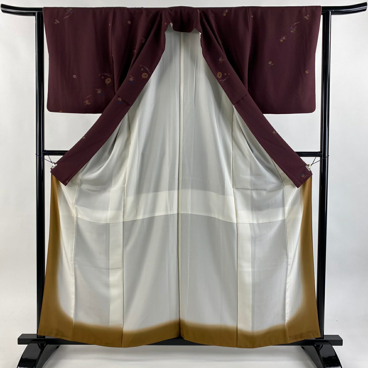 【美品】 小紋 身長160cm 袖長62cm S 雙層 葉與果實 濃紫 純蠶絲 優品級