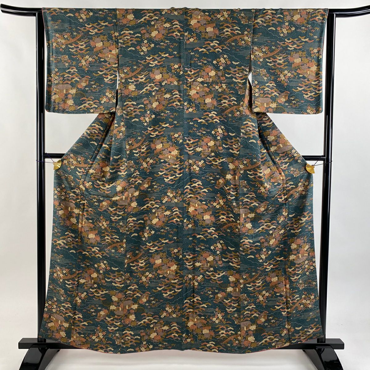 【美品】 小紋 身長159.5cm 袖長62cm S 雙層 ほていや 松樹竹子梅花 橋 深綠 純蠶絲 優品級