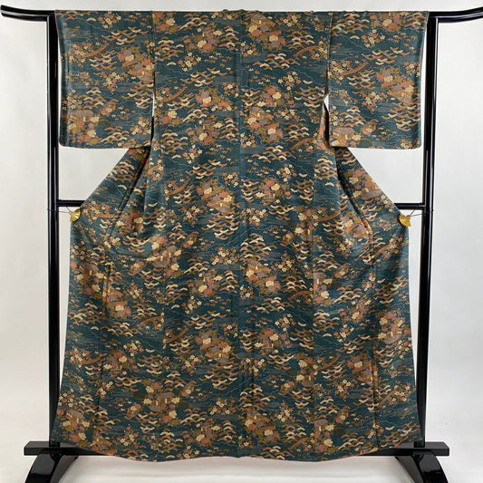【美品】 小紋 身長159.5cm 袖長62cm S 雙層 ほていや 松樹竹子梅花 橋 深綠 純蠶絲 優品級