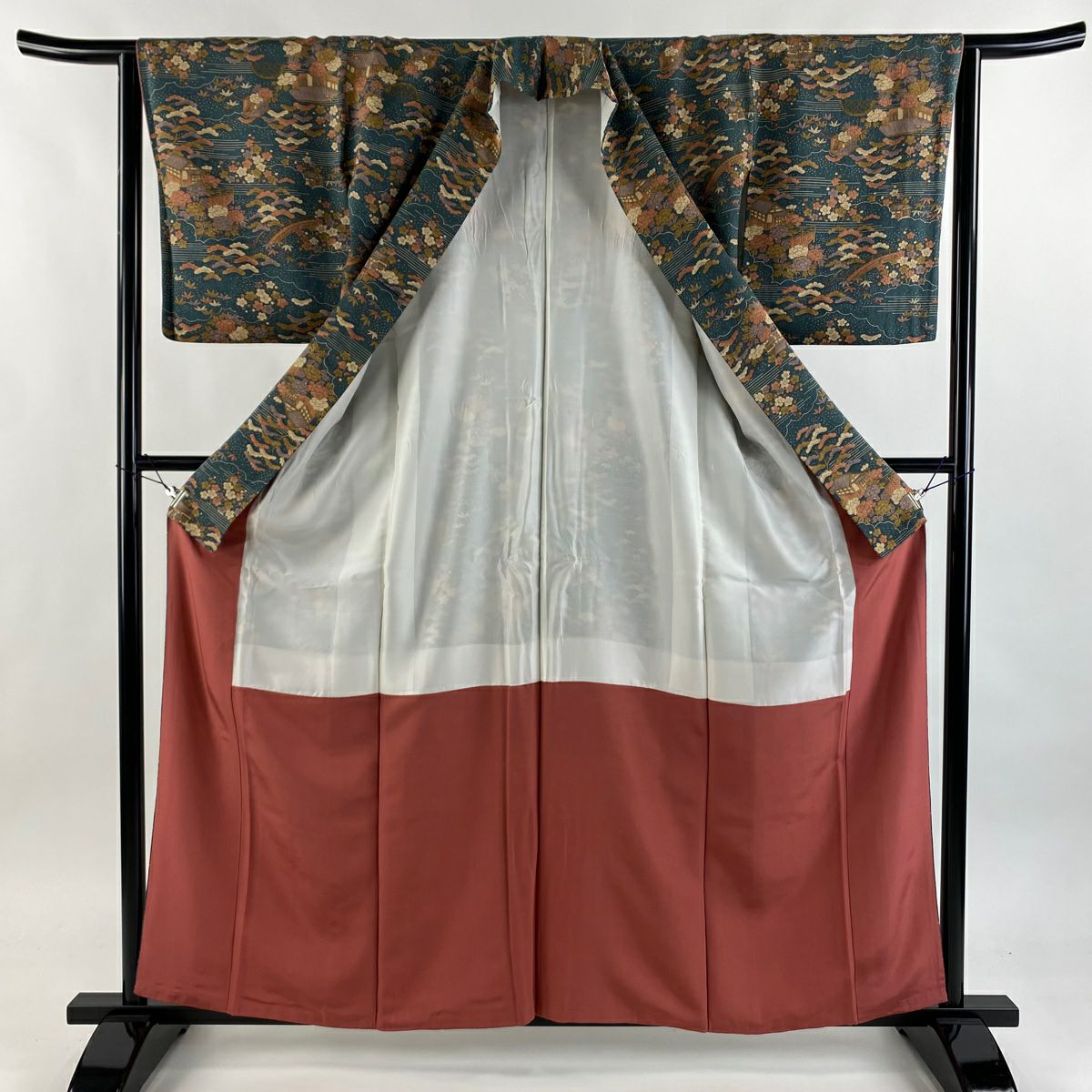 【美品】 小紋 身長159.5cm 袖長62cm S 雙層 ほていや 松樹竹子梅花 橋 深綠 純蠶絲 優品級