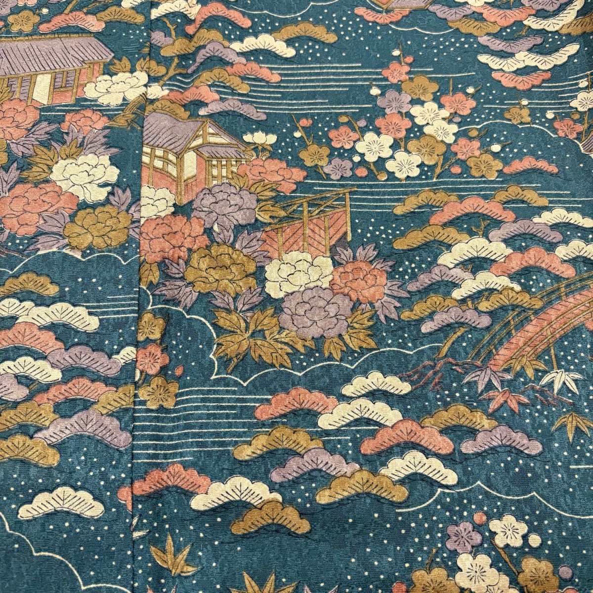 【美品】 小紋 身長159.5cm 袖長62cm S 雙層 ほていや 松樹竹子梅花 橋 深綠 純蠶絲 優品級