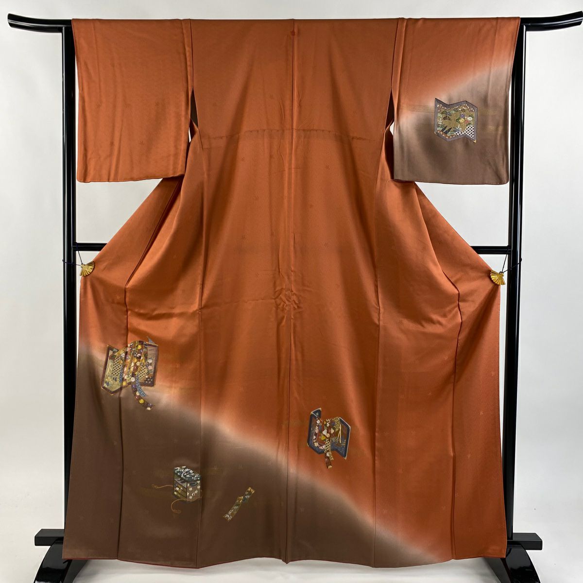 付下 身長164cm 袖長64cm M 雙層 蔓帶 屏風 刺繡 金絲 紅茶 純蠶絲 優品級 一つ紋
