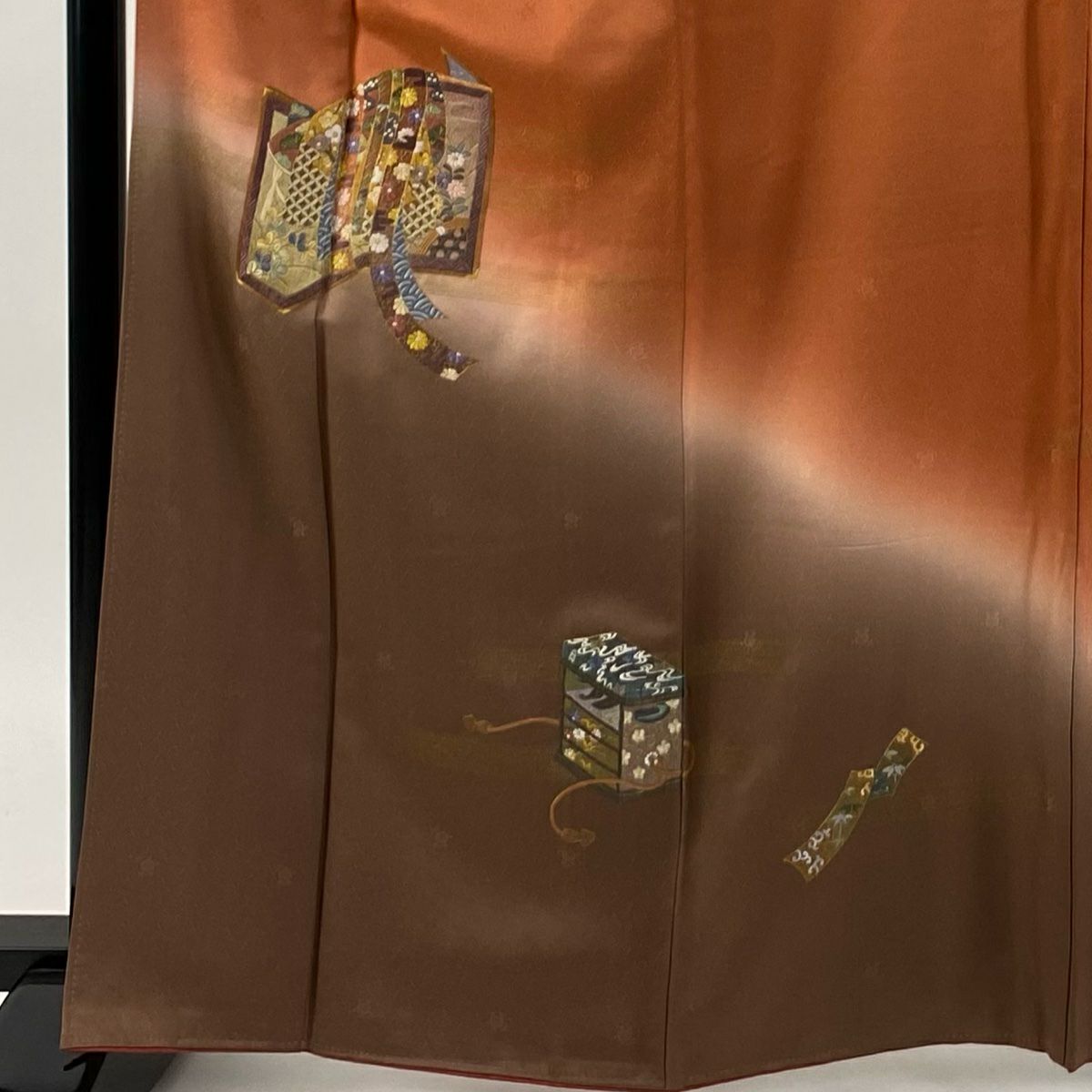 付下 身長164cm 袖長64cm M 雙層 蔓帶 屏風 刺繡 金絲 紅茶 純蠶絲 優品級 一つ紋