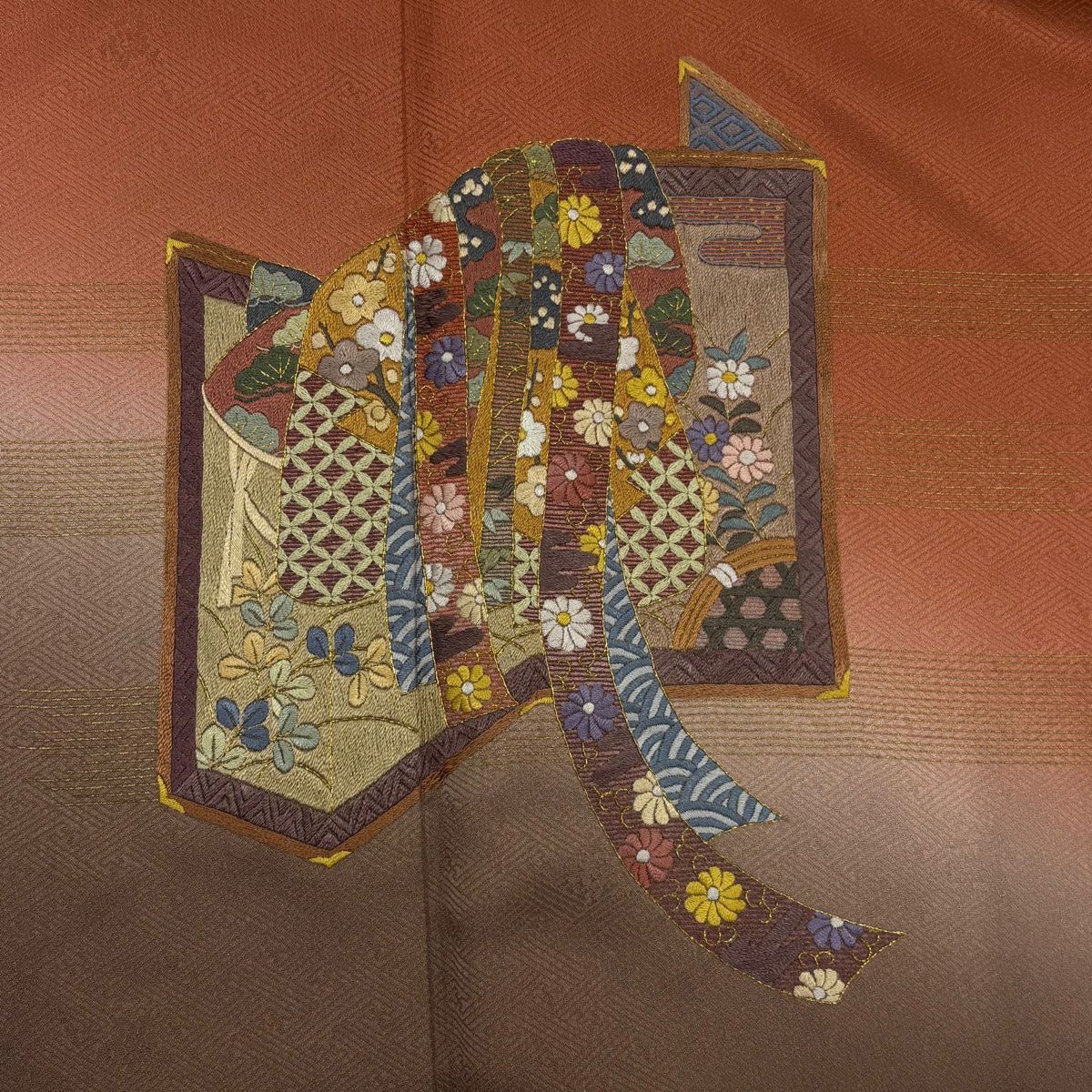 付下 身長164cm 袖長64cm M 雙層 蔓帶 屏風 刺繡 金絲 紅茶 純蠶絲 優品級 一つ紋
