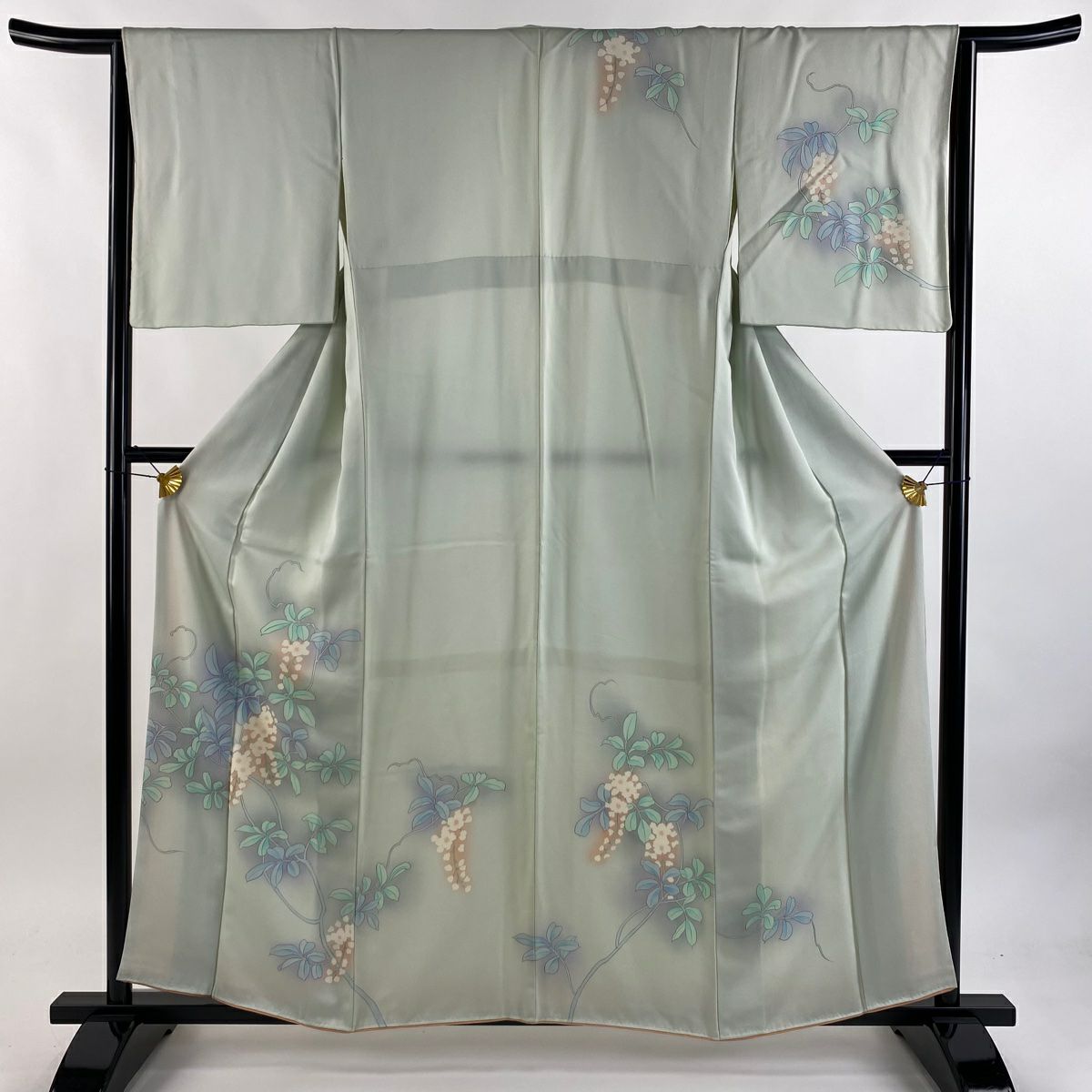 付下 身長159cm 袖長64cm M 雙層 枝花 漸層 薄綠 純蠶絲 優品級