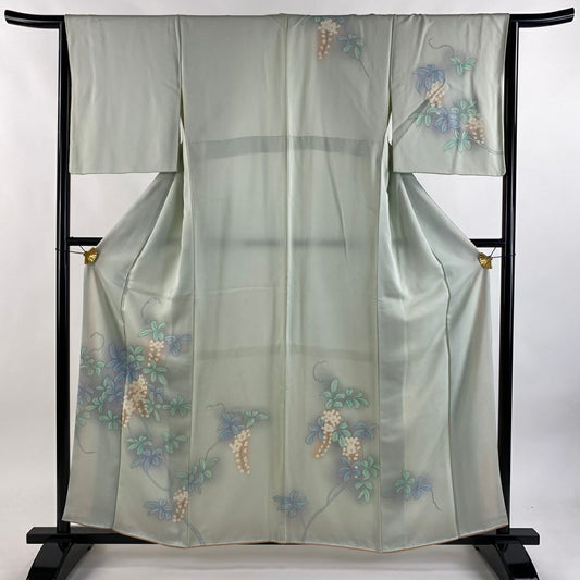 付下 身長159cm 袖長64cm M 雙層 枝花 漸層 薄綠 純蠶絲 優品級