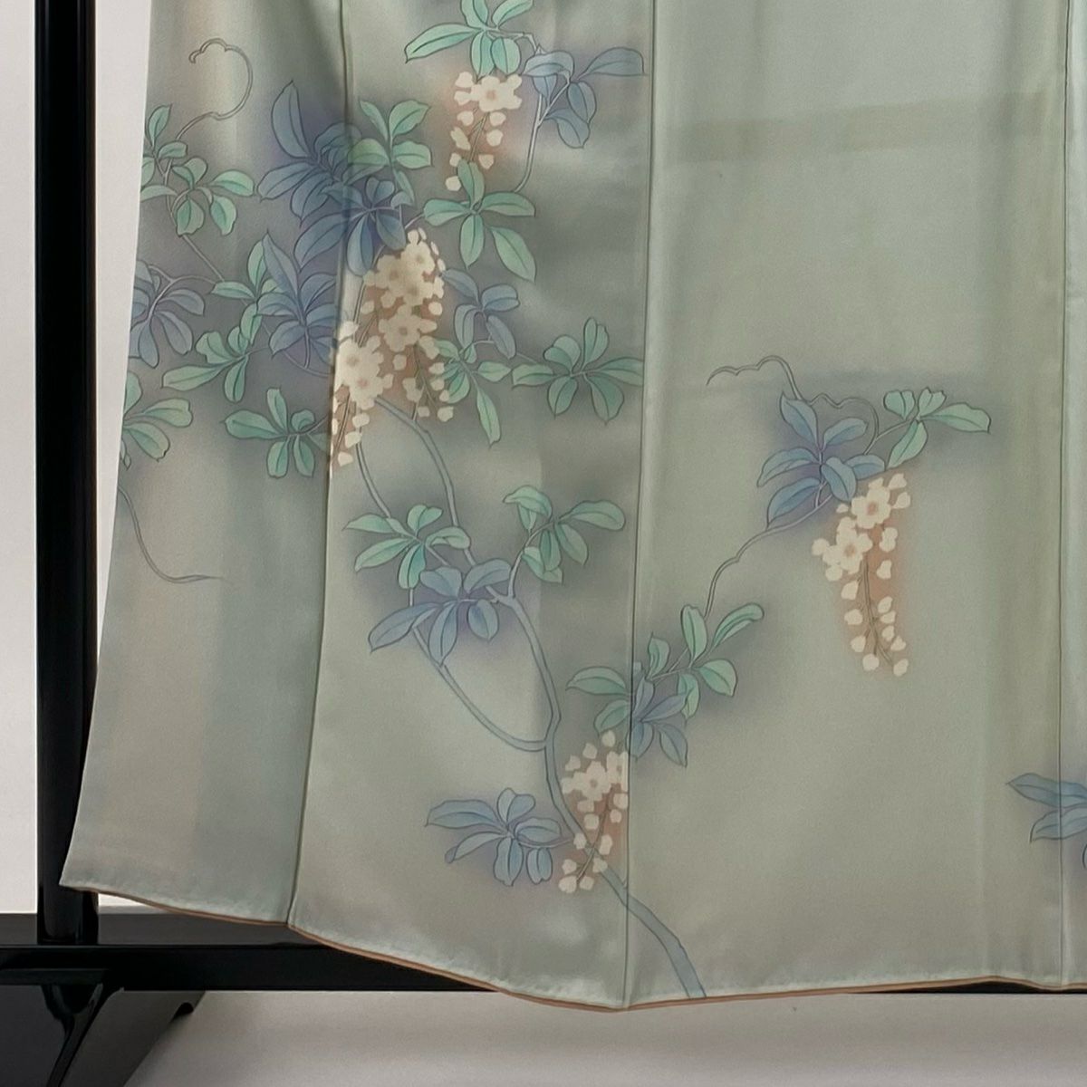 付下 身長159cm 袖長64cm M 雙層 枝花 漸層 薄綠 純蠶絲 優品級