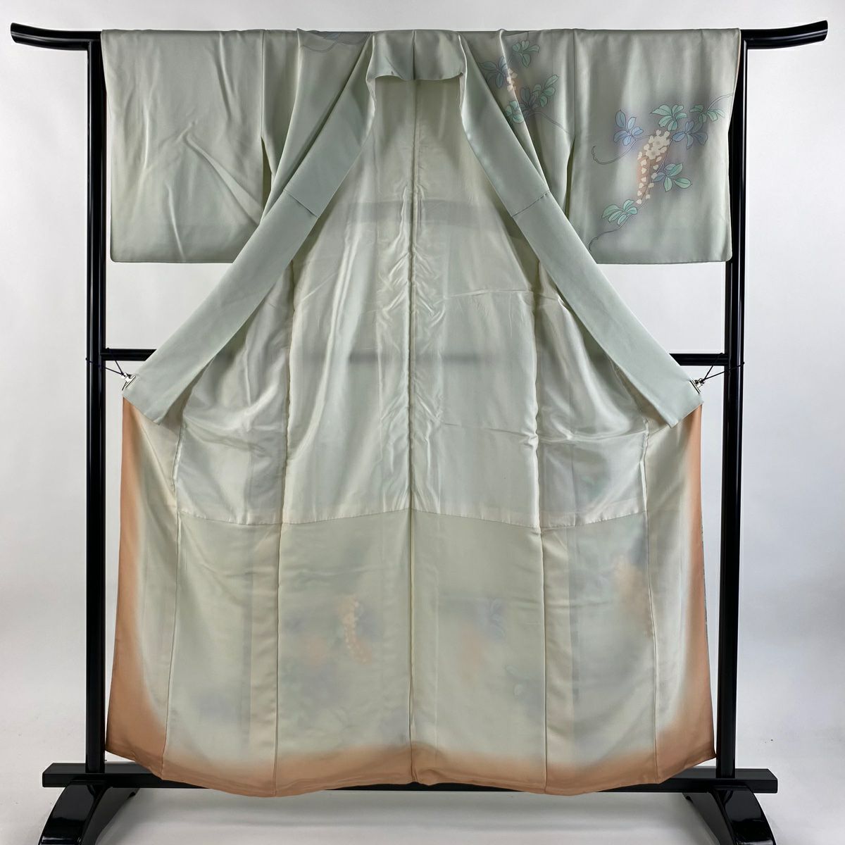 付下 身長159cm 袖長64cm M 雙層 枝花 漸層 薄綠 純蠶絲 優品級