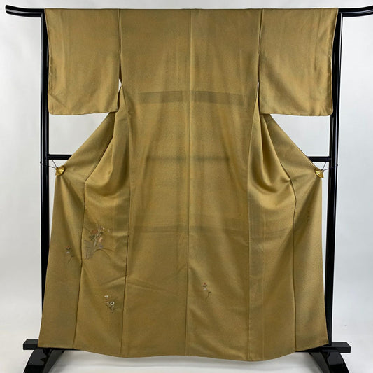 【美品】 付下 身長162.5cm 袖長64.5cm M 雙層 落款 草花紋紋 雪輪刺繡 金糸 山吹茶 純蠶絲 優品級