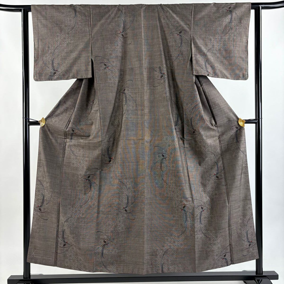 【美品】 紬織 身長152.5cm 袖長62cm S 雙層 葉花 焦茶 純蠶絲 秀品級