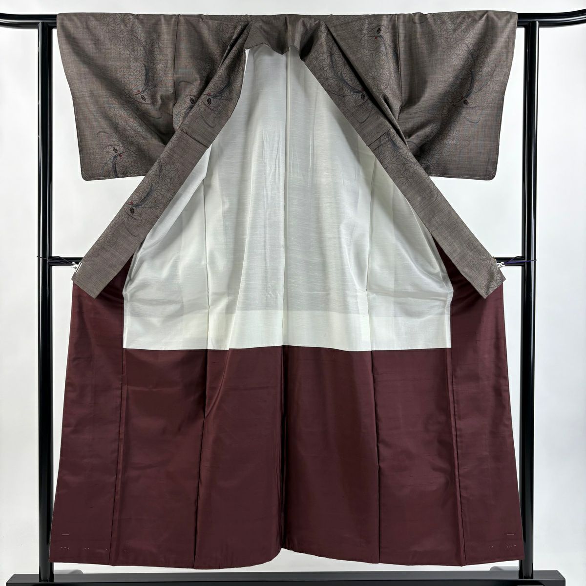 【美品】 紬織 身長152.5cm 袖長62cm S 雙層 葉花 焦茶 純蠶絲 秀品級
