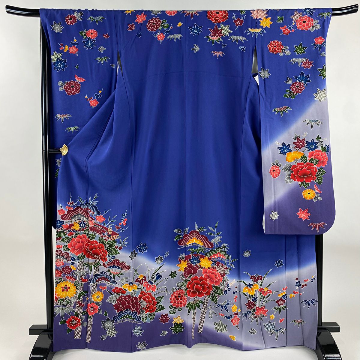 振袖禮服 身長167.5cm 袖長69cm L 雙層 松樹竹子梅花 牡丹 漸層 青紫 純蠶絲 名品級