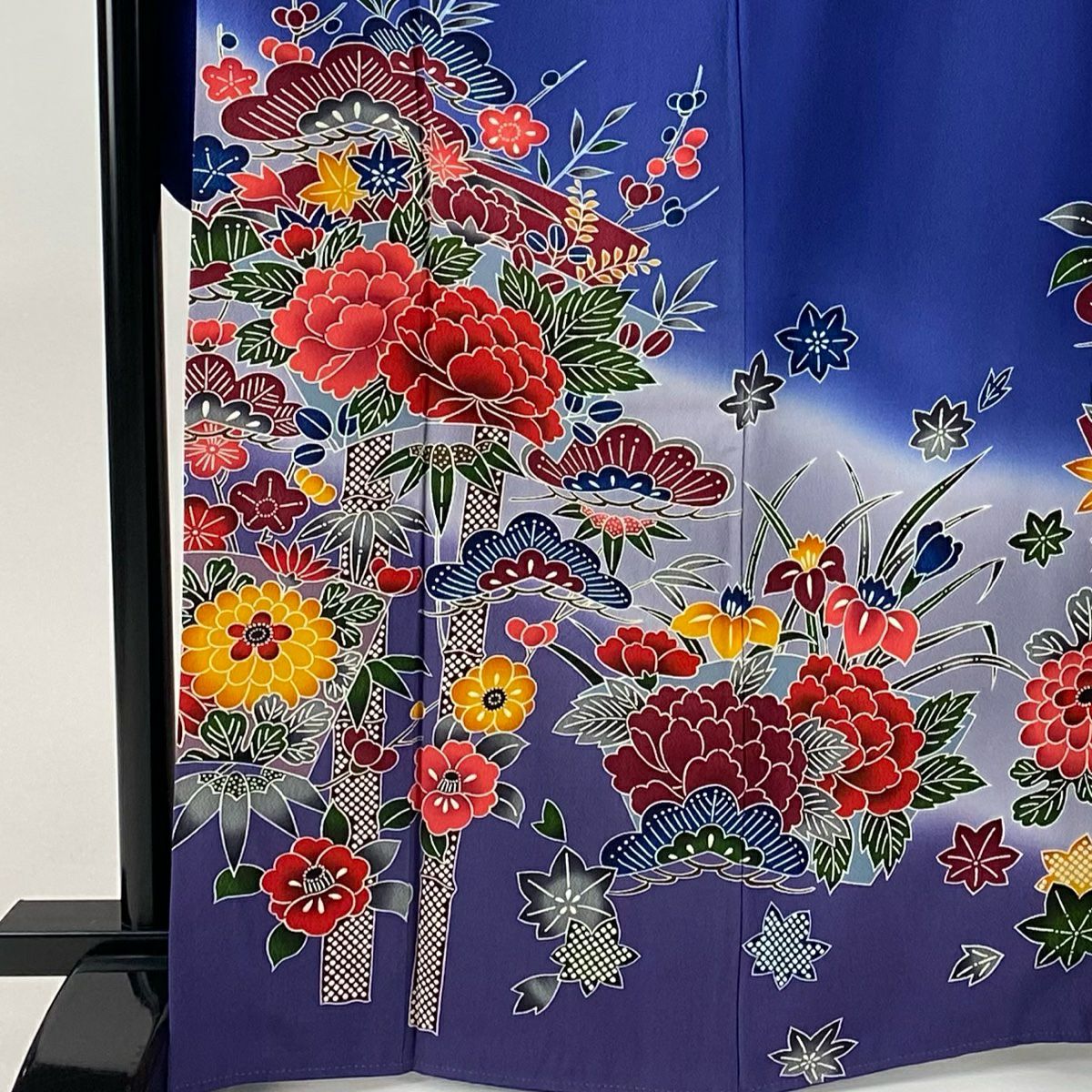 振袖禮服 身長167.5cm 袖長69cm L 雙層 松樹竹子梅花 牡丹 漸層 青紫 純蠶絲 名品級