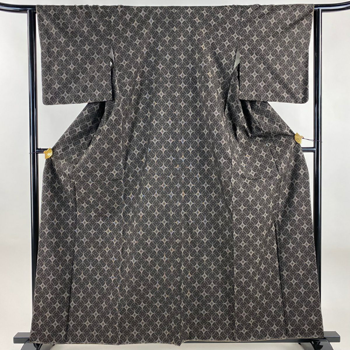【美品】 紬織織 身長160cm 袖長63.5cm S 雙層 七寶紋 焦茶 純蠶絲 名品級