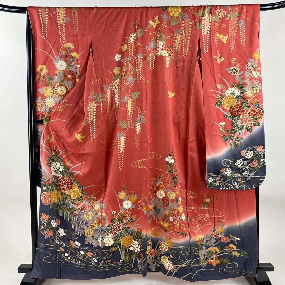 振袖禮服 身長162cm 袖長68cm L 雙層 草花紋紋 流水 金絲 金銀彩 鮭粉色 純蠶絲 名品級