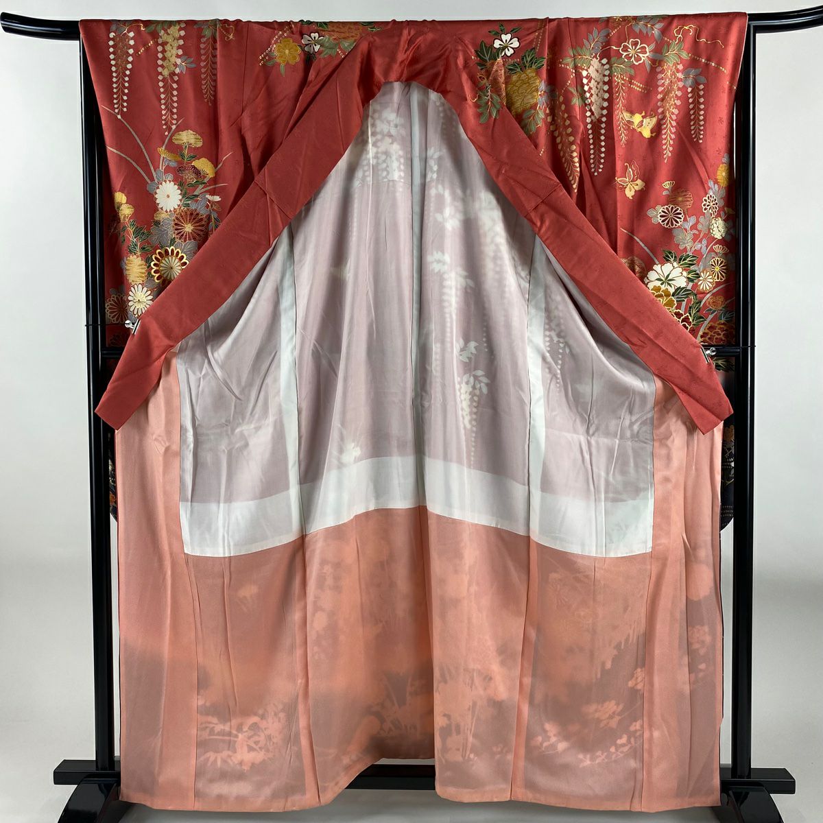 振袖禮服 身長162cm 袖長68cm L 雙層 草花紋紋 流水 金絲 金銀彩 鮭粉色 純蠶絲 名品級