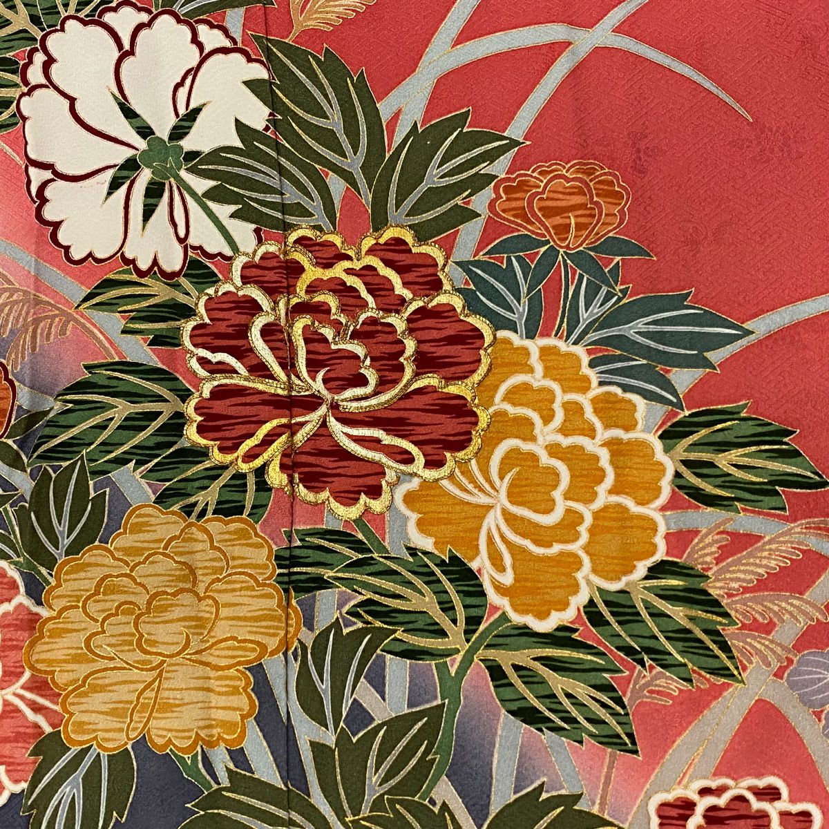 振袖禮服 身長162cm 袖長68cm L 雙層 草花紋紋 流水 金絲 金銀彩 鮭粉色 純蠶絲 名品級
