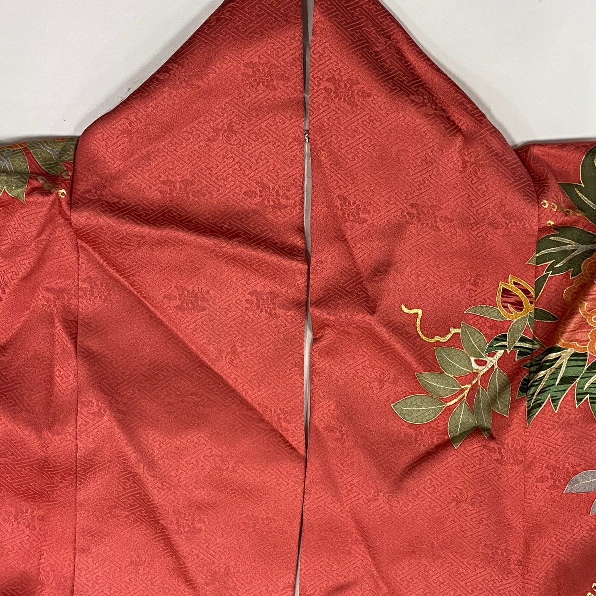 振袖禮服 身長162cm 袖長68cm L 雙層 草花紋紋 流水 金絲 金銀彩 鮭粉色 純蠶絲 名品級