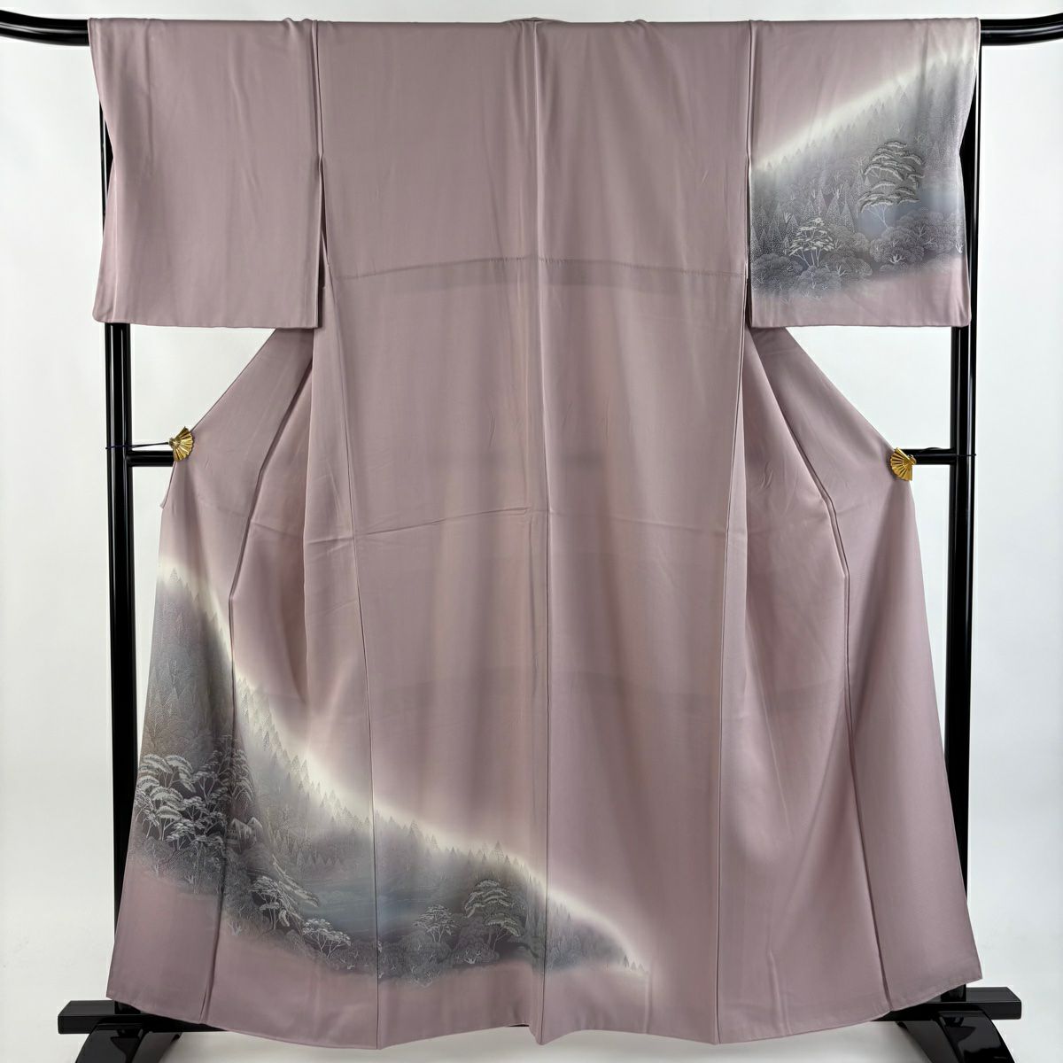 付下 身長159.5cm 袖長67.5cm L 雙層 樹木 建物 漸層 金銀彩 淺紫 純蠶絲 優品級