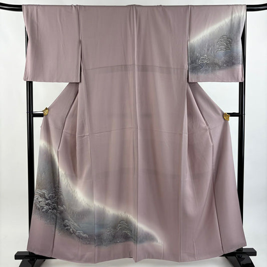 付下 身長159.5cm 袖長67.5cm L 雙層 樹木 建物 漸層 金銀彩 淺紫 純蠶絲 優品級