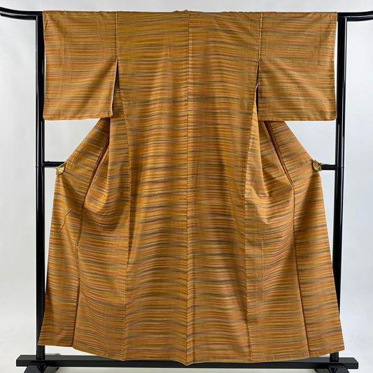 【美品】 紬織 身長156.5cm 袖長63cm S 雙層 縞 薄茶 純蠶絲 秀品級