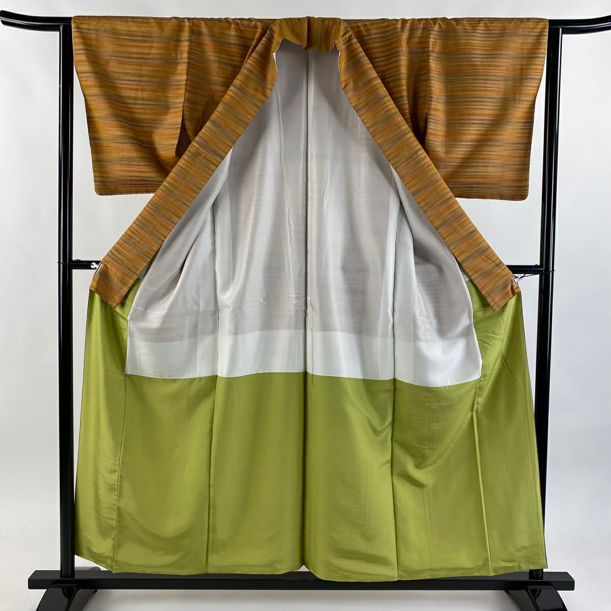 【美品】 紬織 身長156.5cm 袖長63cm S 雙層 縞 薄茶 純蠶絲 秀品級