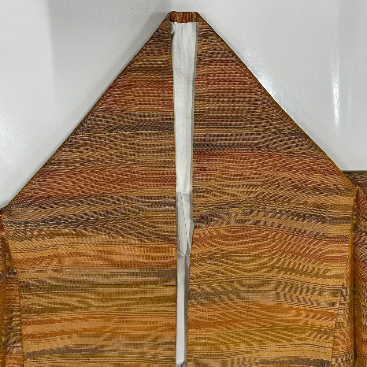 【美品】 紬織 身長156.5cm 袖長63cm S 雙層 縞 薄茶 純蠶絲 秀品級