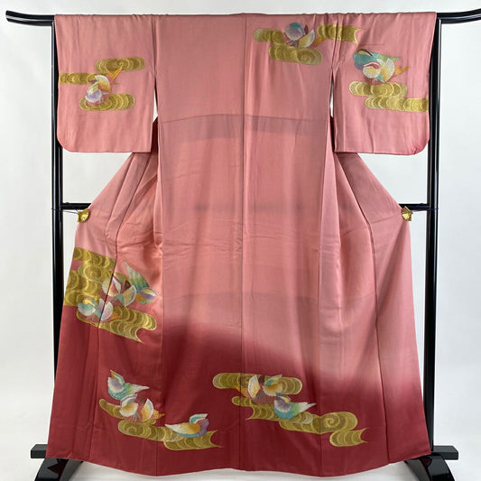 訪問服 身長162.5cm 袖長65cm M 雙層 鴛鴦 観世水 刺繡 金銀彩 粉紅 純蠶絲 秀品級