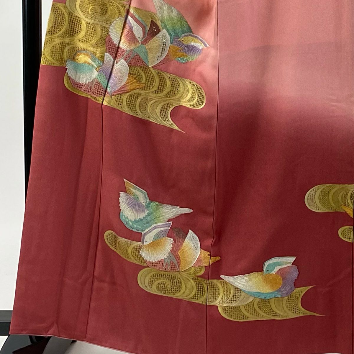 訪問服 身長162.5cm 袖長65cm M 雙層 鴛鴦 観世水 刺繡 金銀彩 粉紅 純蠶絲 秀品級