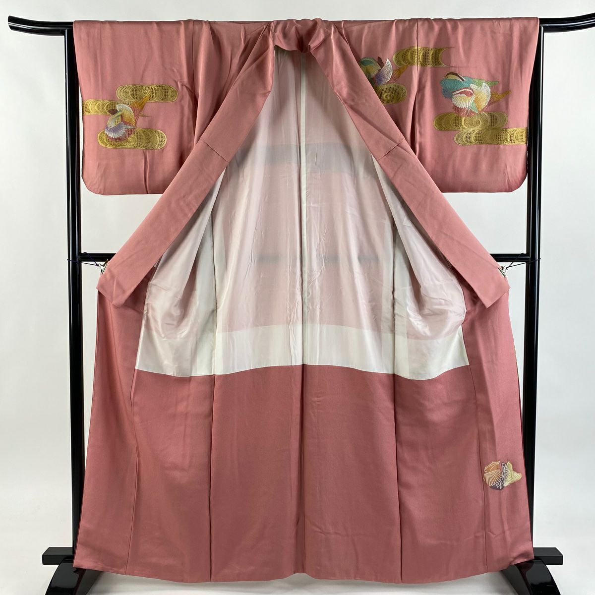 訪問服 身長162.5cm 袖長65cm M 雙層 鴛鴦 観世水 刺繡 金銀彩 粉紅 純蠶絲 秀品級