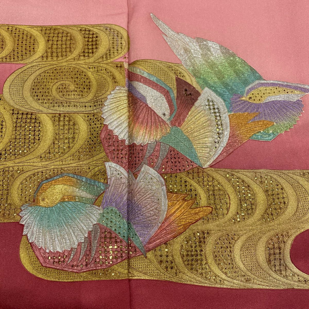 訪問服 身長162.5cm 袖長65cm M 雙層 鴛鴦 観世水 刺繡 金銀彩 粉紅 純蠶絲 秀品級