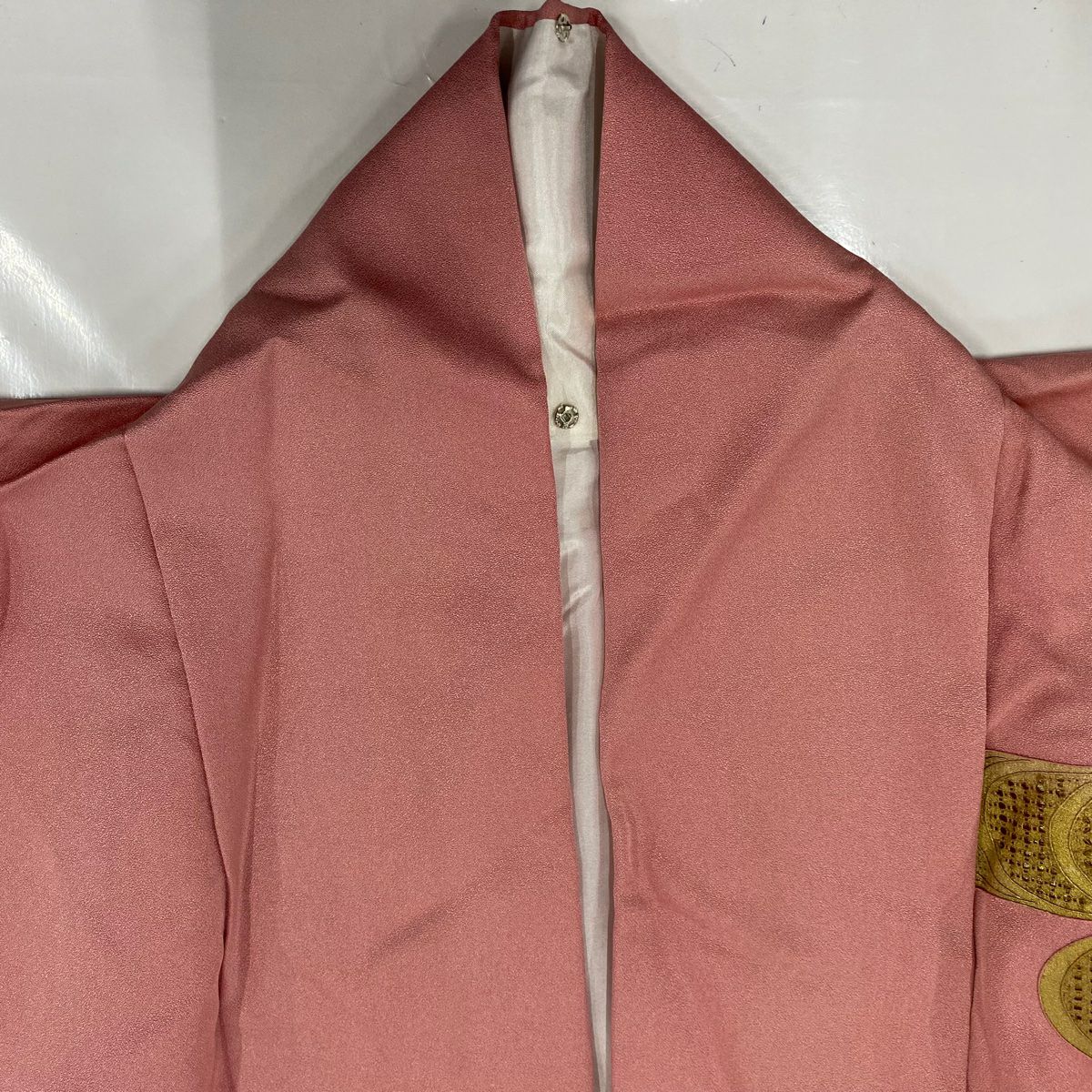 訪問服 身長162.5cm 袖長65cm M 雙層 鴛鴦 観世水 刺繡 金銀彩 粉紅 純蠶絲 秀品級