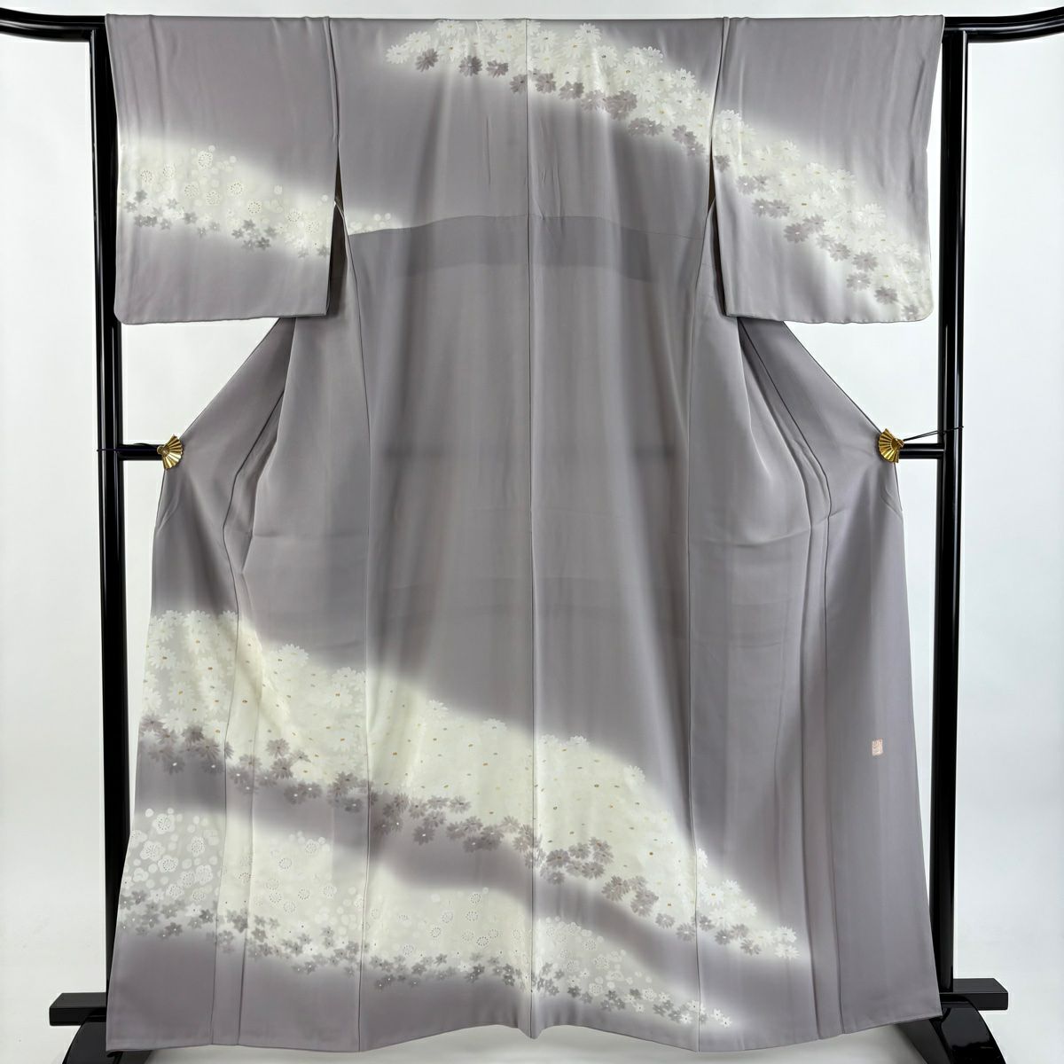 訪問服 身長161.5cm 袖長63.5cm S 雙層 落款あり 菊花 梅花 漸層 金銀彩 灰紫 純蠶絲 優品級