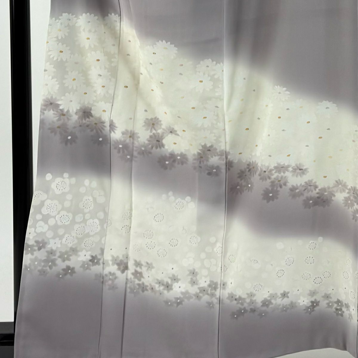 訪問服 身長161.5cm 袖長63.5cm S 雙層 落款あり 菊花 梅花 漸層 金銀彩 灰紫 純蠶絲 優品級