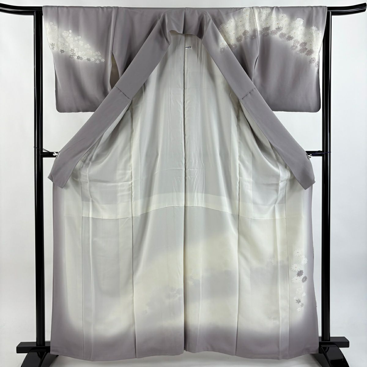 訪問服 身長161.5cm 袖長63.5cm S 雙層 落款あり 菊花 梅花 漸層 金銀彩 灰紫 純蠶絲 優品級