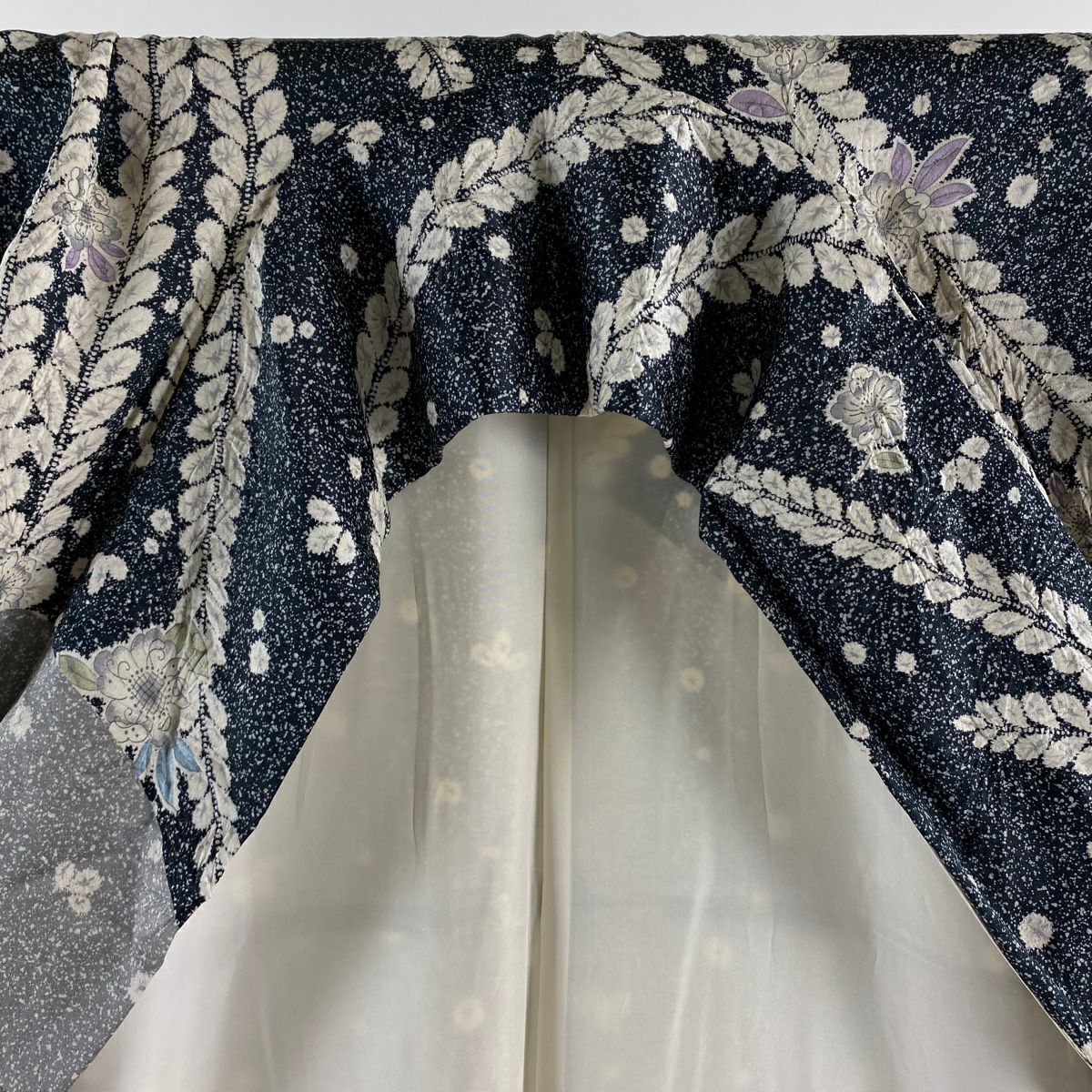 訪問服 身長163.5cm 袖長67cm M 雙層 草花紋紋 染分 絞染 黑灰 純蠶絲 逸品級