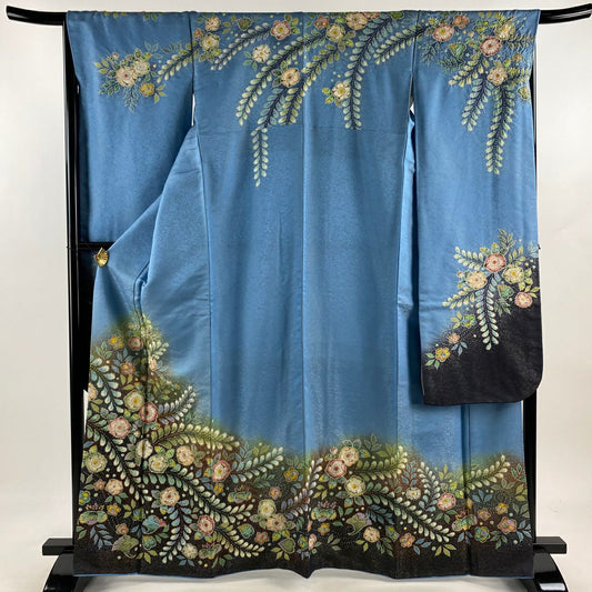 【美品】振袖禮服 身長165.5cm 袖長66.5cm M 雙層 翠山工房 落款あり 辻花染 金銀彩 染分 水藍 純蠶絲 逸品級