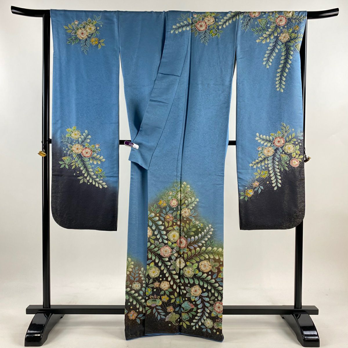 【美品】振袖禮服 身長165.5cm 袖長66.5cm M 雙層 翠山工房 落款あり 辻花染 金銀彩 染分 水藍 純蠶絲 逸品級