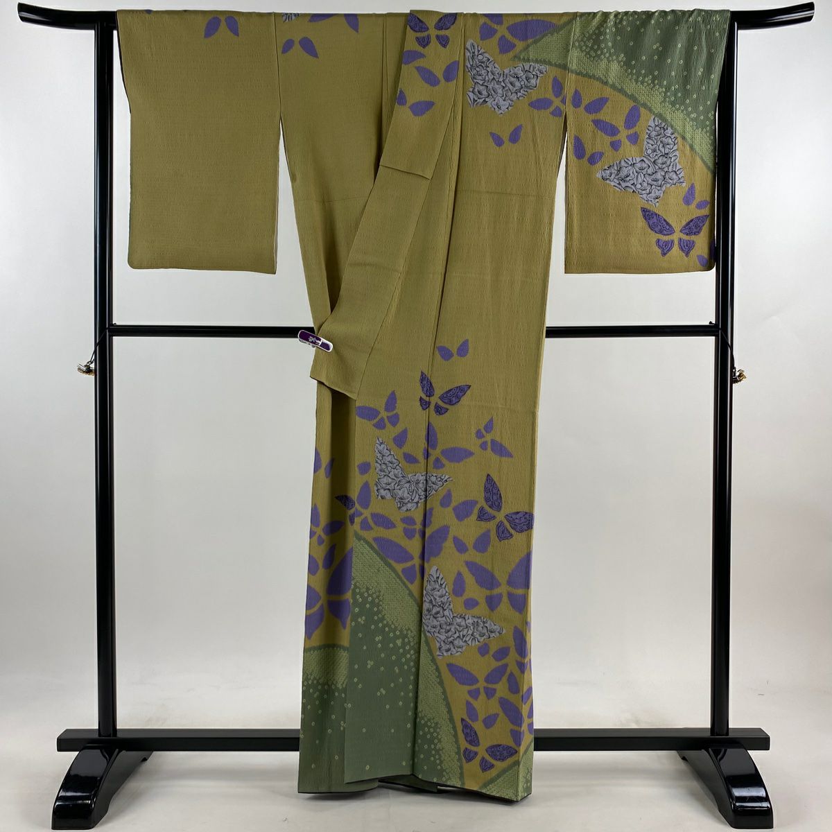訪問服 身長162cm 袖長63.5cm S 雙層 大脇一心 有落款 蝶 草花紋 染分 絞染 米色 純蠶絲 逸品級