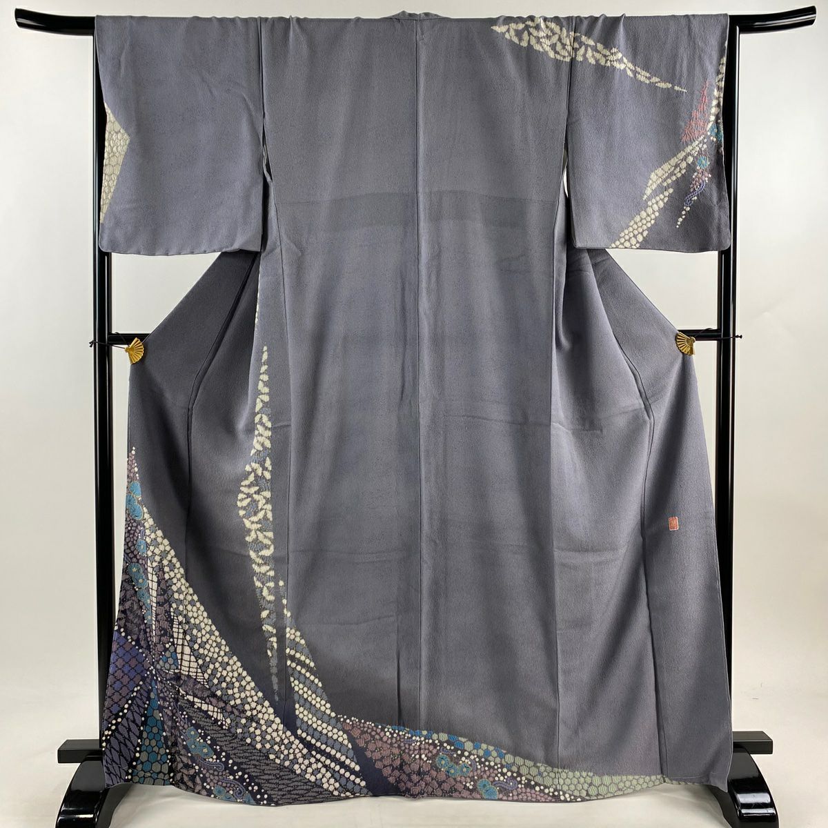 訪問服 身長167.5cm 袖長67cm M 雙層 滝泰 落款あり 樱花 源氏香 絞染 刺繡 灰紫 純蠶絲 逸品級