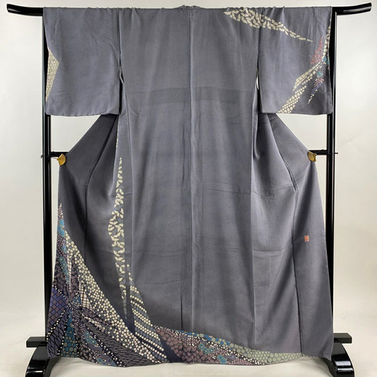 訪問服 身長167.5cm 袖長67cm M 雙層 滝泰 落款あり 樱花 源氏香 絞染 刺繡 灰紫 純蠶絲 逸品級