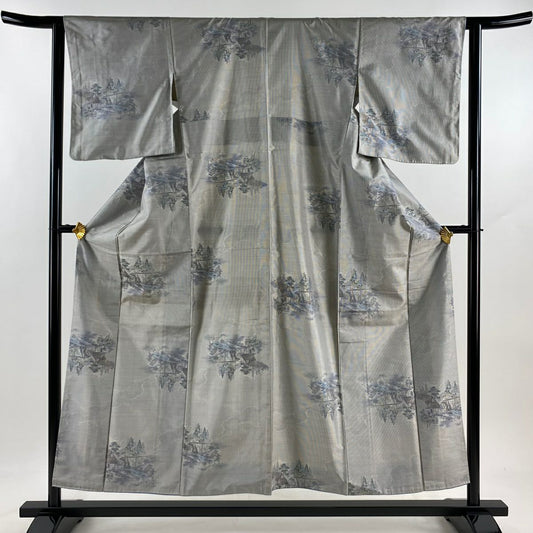 大島紬織 身長154cm 袖長62cm S 雙層 證書齊全 家屋 樹木 灰 純蠶絲 逸品級