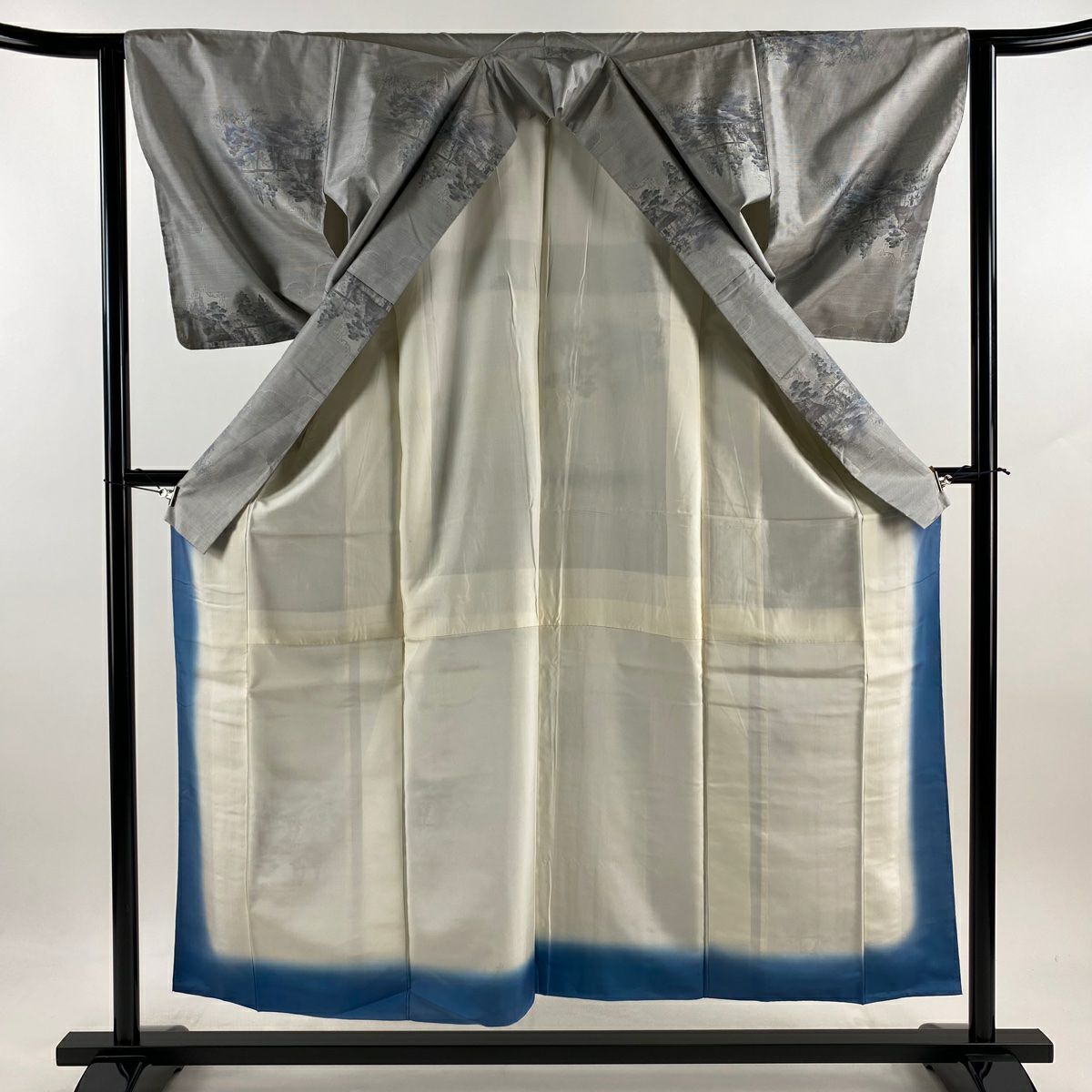 大島紬織 身長154cm 袖長62cm S 雙層 證書齊全 家屋 樹木 灰 純蠶絲 逸品級