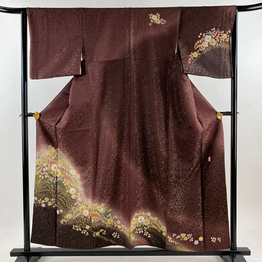 【美品】訪問服 身長157cm 袖長64cm M 雙層 德永憲峯 落款あり 辻花染 金通し 金銀彩 茶紫 純蠶絲 逸品級